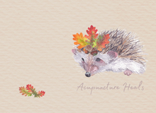 Load image into Gallery viewer, Acupuncture heals. Hedgehog with autumn leave note card
