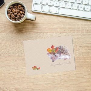 Acupuncture heals. Hedgehog with autumn leave note card